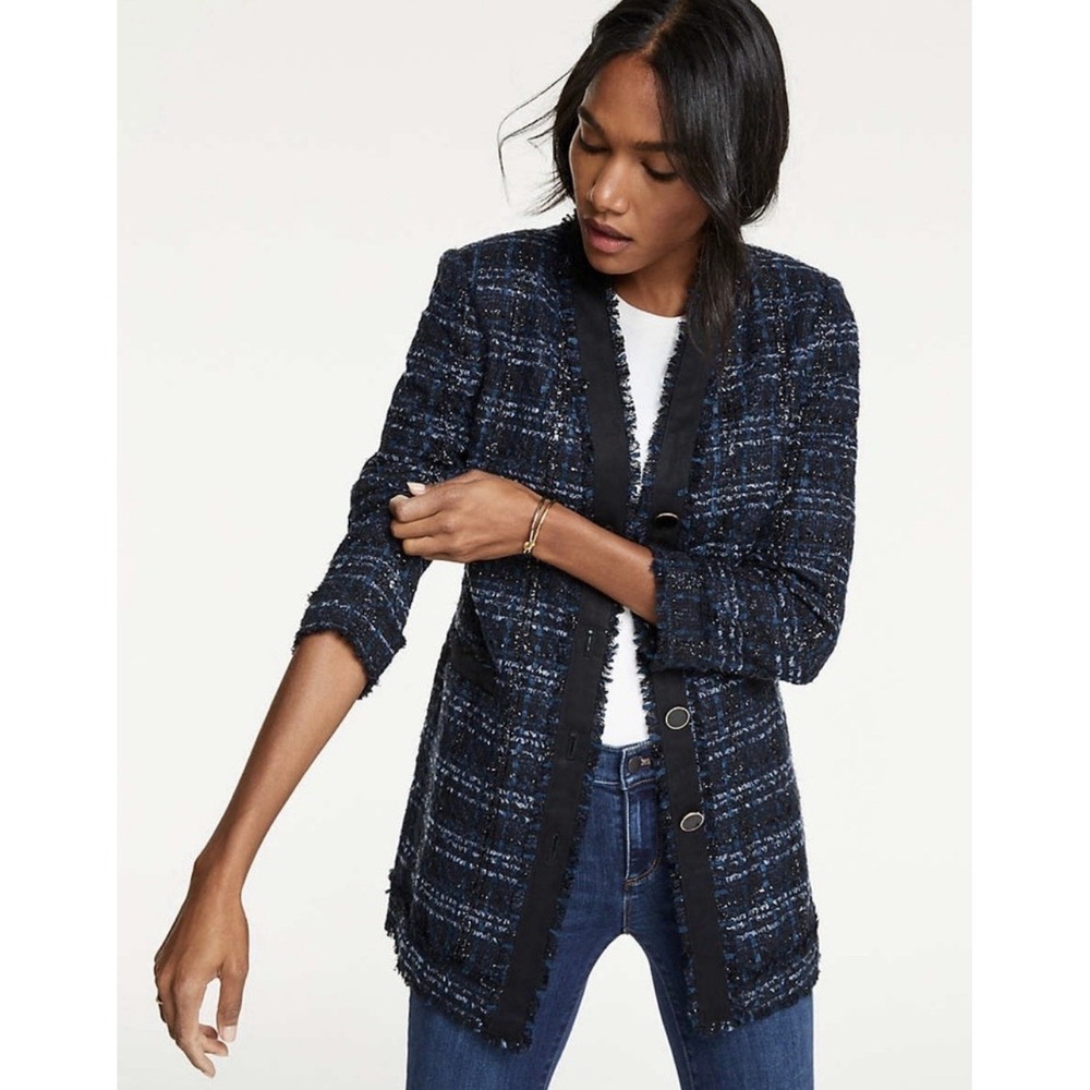NEW! Ann Taylor Tweed Blazer Jacket Button Front Longline Navy Blue SZ 6P